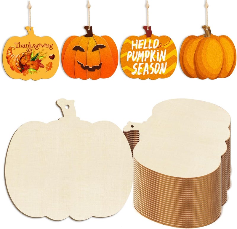 Sophena Wooden Pumpkins Ornaments to Paint Halloween Thanksgiving Decoration Cutouts Unfinished 24PCS 3.5 inches, DIY Blank Unfinished Pumpkin Wood Discs Ornament for Home Harvest Crafts Hanging Autumn - Image 1